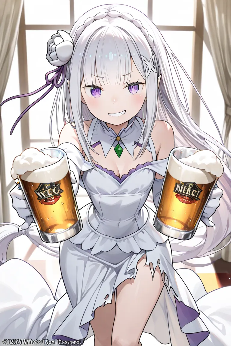  (masterpiece:1.2), (best quality:1.2), newest, intricate details, perfect anatomy, 1girl:1.2, (emilia (re:zero):1.2), ((plain white wedding dress:1.1, long dress:1.2, off-shoulder dress:1.5, sleeveless:1.3, front slit:1.3, torn dress skirt:1.4, white elbo...