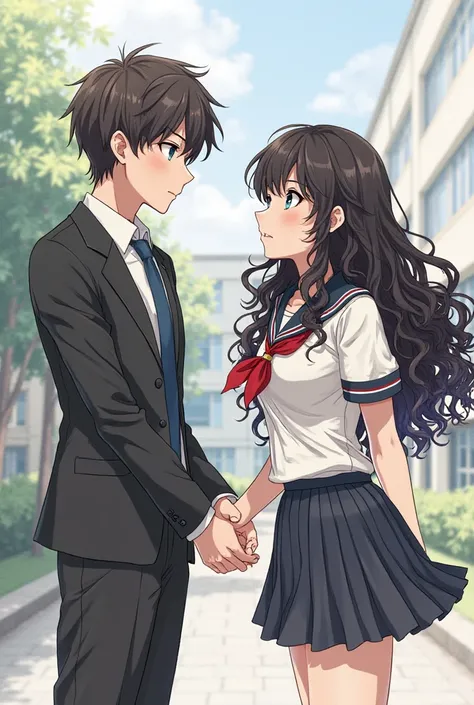 2 ager. The man is staring her for love while the girl was training with love too and confusion. The girls hair is long curly with bangs. Manga or anine drawing. They are wearing a uniform whole body. Behind of them is a school. The girls body is sexy 