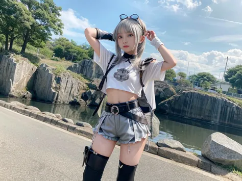 Hardcore Idol Girl、、Stone Armor Shorts Costume、、、  good style、full body、、Shiny belt、、Light grey hair、quarry