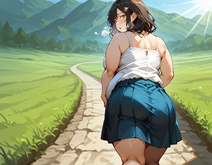 art by kipteitei, 1girl, out of breath, holding own belly, running down hill, skirt and camisole, chubby (best quality, masterpiece), Button gap, from behind, lanscape picture, sunbeams, beautiful landscape, (immobile:1.2), looking back, body turned tw...