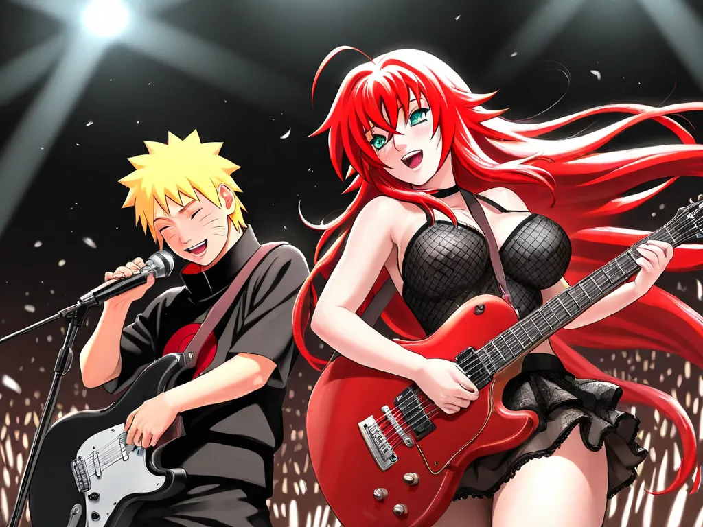 high resolution image, masterpiece, best quality , amazing quality, Naruto Uzumaki , Rias Gremory , Singing Together  , concert , Rias Gremory singing  ,  Naruto Uzumaki singing and playing electric guitar , love , romance , duo , couple , smiles, happy