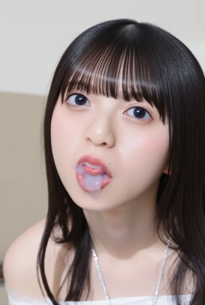 high resolution young Japanese female idol「inori minase」 photos, alone, 1 girl, off-the-shoulder dress with a silver chain collar around my neck,  face focus, face,  staring at the camera,  straight long black hair with flat bangs,   White Skin on a Street...