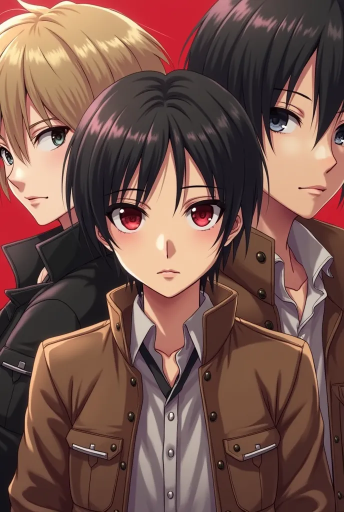 three anime characters with red eyes and a brown jacket, a character portrait inspired by Tsuruko Yamazaki, trending on pixiv, shin hanga, portrait of eren yeager, eren yeager, attack on titan anime style, from attack on titan, eren jaeger, levi ackerman, ...