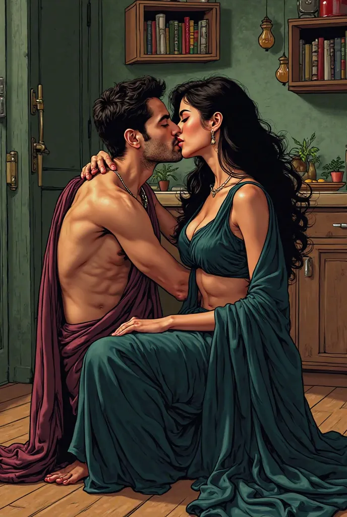 

**"A South Asian man and woman, both in their mid-twenties to thirties, are depicted in an intimate embrace in a cozy domestic setting. The woman, seated gracefully, wears a dark maroon saree draped elegantly over her body, paired with a dark green cropp...