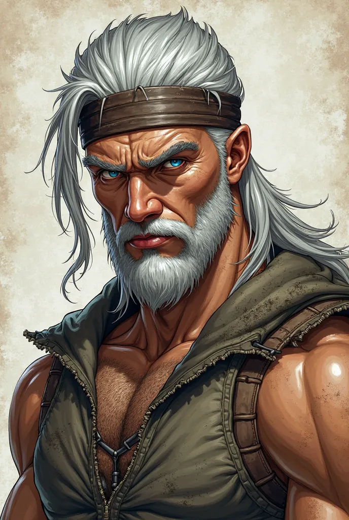 A tall, sexy man with long silver-white hair tied back with a leather band that accentuated his strong facial features. Blue eyes. Silver stubble covered the lower half of his face, giving him an aloof look. He had a strong, chiseled face and a slightly ho...