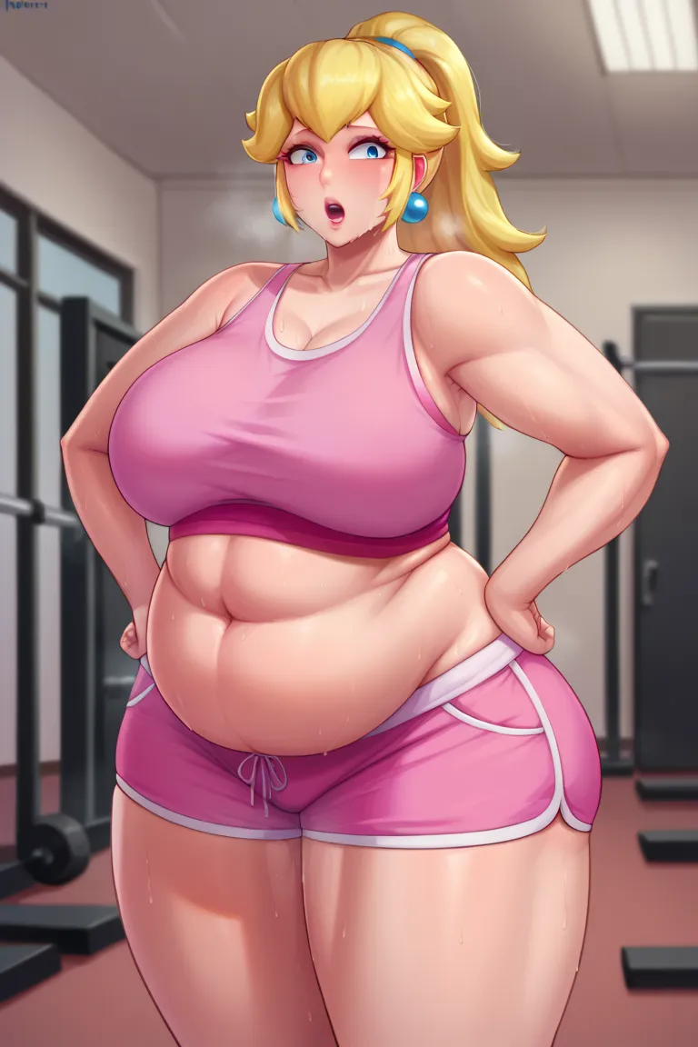 score_9, score_8_up, score_7_up, BREAK, 1girl, solo, princess peach, 1girl, solo, , blonde hair, ponytail, makeup, casual, cowboy shot, blue eyes, looking at the viewer, large breasts, hands on hips, pink tanktop, sweaty, pink shorts, sweating profusely, o...