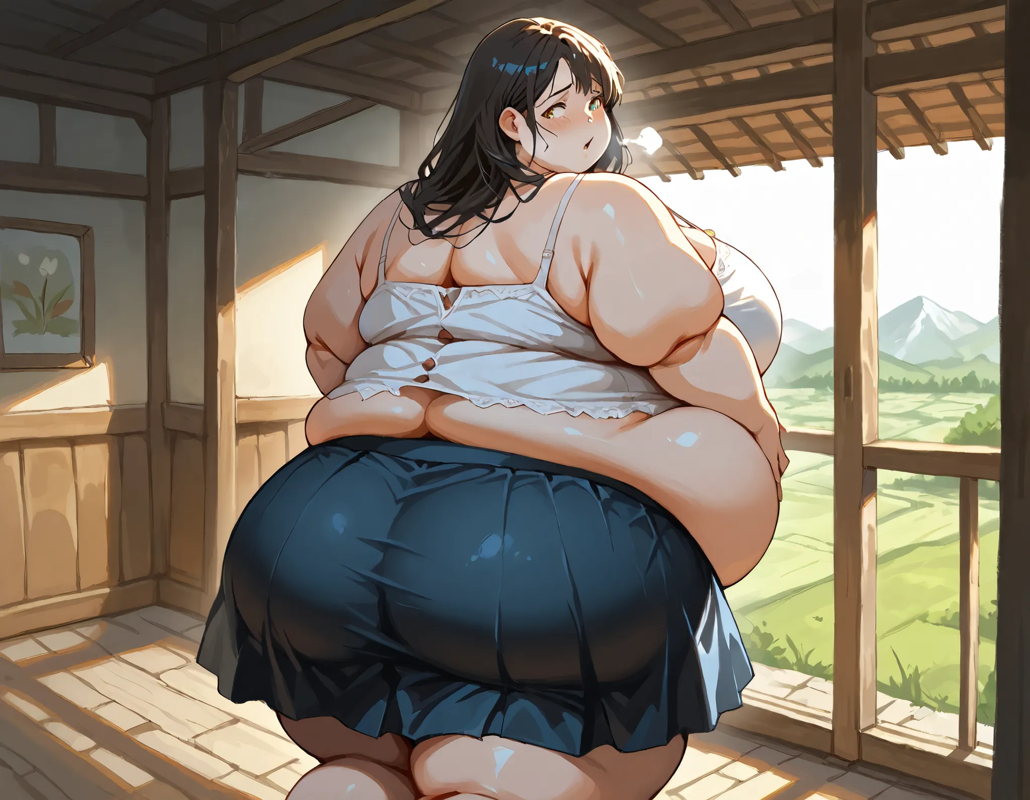 art by kipteitei, 1girl, out of breath,  holding own belly,  running down hill, skirt and camisole, chubby (best quality, masterpiece),  Button gap, from behind,  lanscape picture, sunbeams, beautiful landscape, (obese:1.2), looking back, body turned tward...