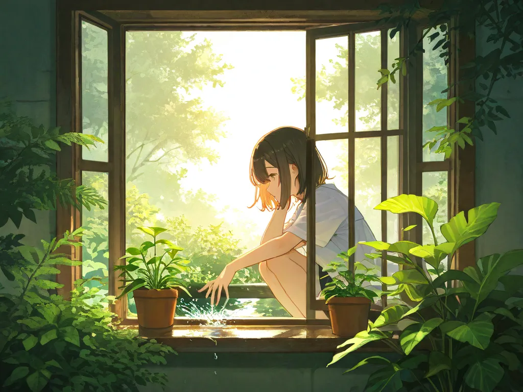 A bay window that lets in the morning sun、Girl giving water to foliage plants