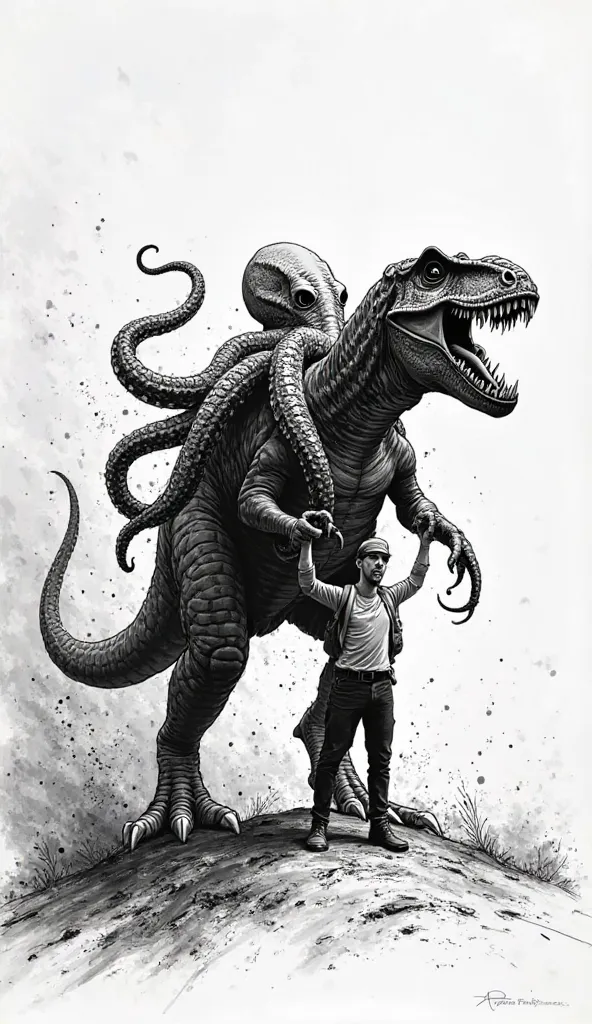 An illustration of a man with an octopus on his back who helps him lift a dinosaur in an expressionist style with a focus on the use of dynamic lines and strong contrasts in black and white. The inking technique and the use of deep shadows create a dramati...