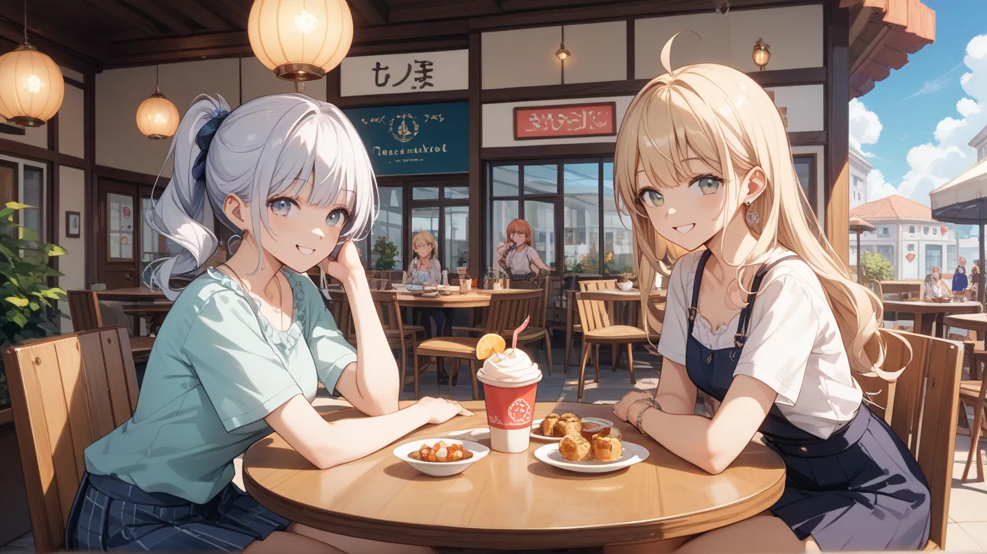 cafe smiling and having a conversation。seat two women enjoying tea at a cafe {x} sitting at a table by the window with bright sunlight shining in、Two women enjoying tea at the。women smiling and having a conversation、Laid-back happiness、are wearing casual c...