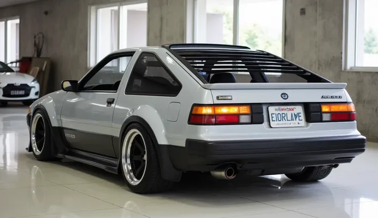 Realistic of futuristic 1986 Toyota AE86 , with modification, good looking, Bright gray color, full back view, parked in luxury showroom .The background features a contemporary showroom setting with polished floors and natural light, enhancing the car's st...