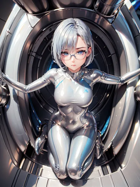 ((Top Quality)), ((masterpiece)), (details), (8k), (UHD), Close-up、short hair、Blue Eyes、 Silver Hair、Glasses、Spread your legs wide、Full body silver metallic enamel suit、Full body silver metallic enamel suit