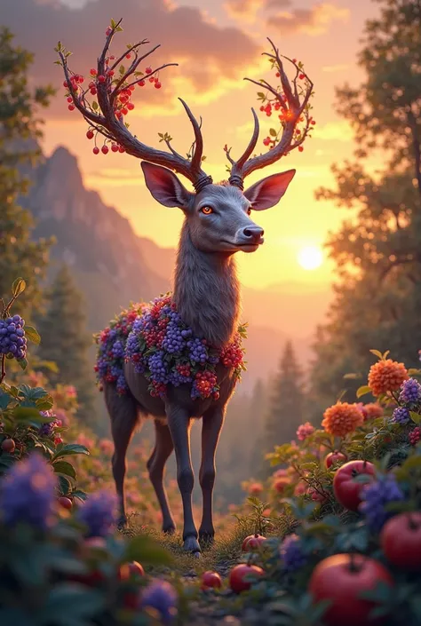 A mystical deer standing in a glowing fruit garden, its antlers made of grapevines and its body covered in colorful berry clusters, shining under the sunset sky