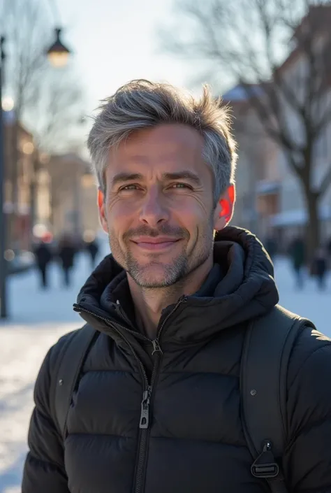 A handsome 35 years old man with soft, tousled light black  short hair stands outdoors on a bright winter day, his eyes slightly squinting with a calm and content smile. He wears a black puffer jacket with a backpack, exuding a relaxed and casual vibe. The...