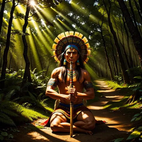 a shaman playing a flute, in a forest with a sun rays. HD