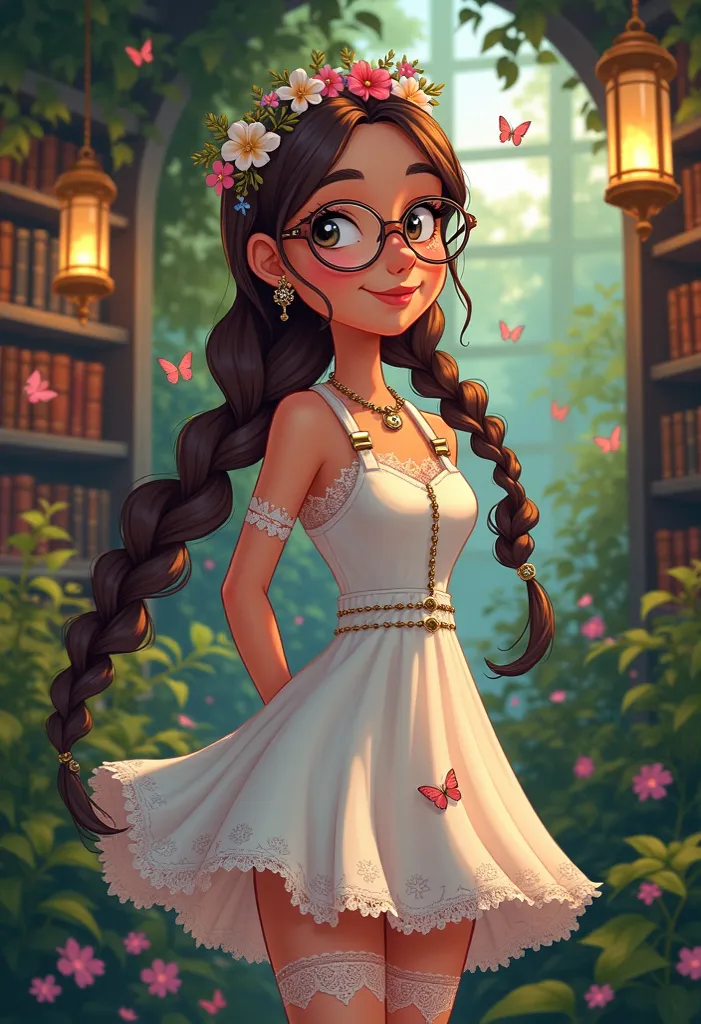 A whimsical, cartoon-style illustration of a charming and sexy woman standing in a lush garden library filled with towering bookshelves, glowing lanterns, and softly floating butterflies. The scene has a storybook-like fantasy feel, blending steampunk, fai...