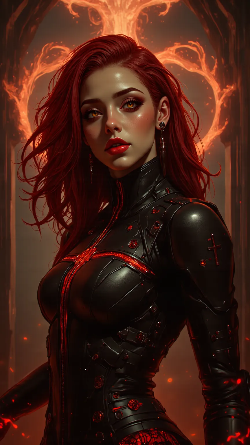 Perfect face，woman，25 years old，vampire，Golden Eyes，arrogant，Shiny Red Hair，Nail polish，Work Clothes，Overlooking，Walk，dream， lightning method 