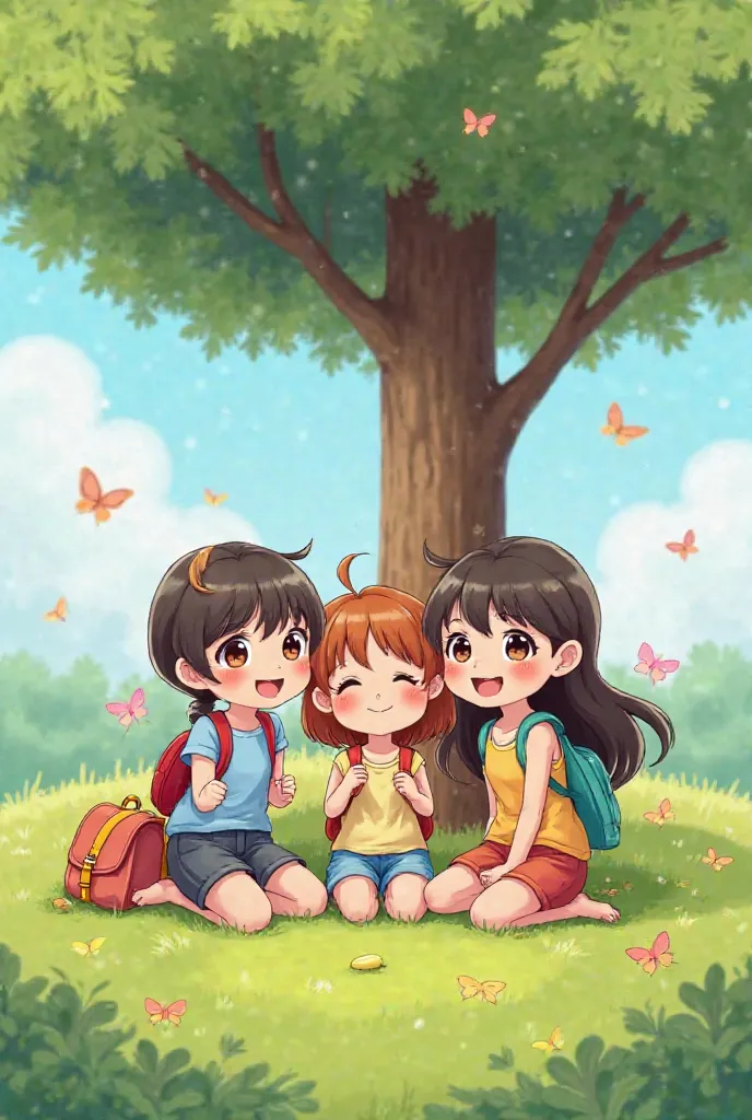 "3 cute cartoon-style s sitting together on a lush green field, under a big tree. One girl is holding a colorful school bag. The background is bright and cheerful, with a clear blue sky and butterflies flying around. The scene has a soft, dreamy, and vibra...