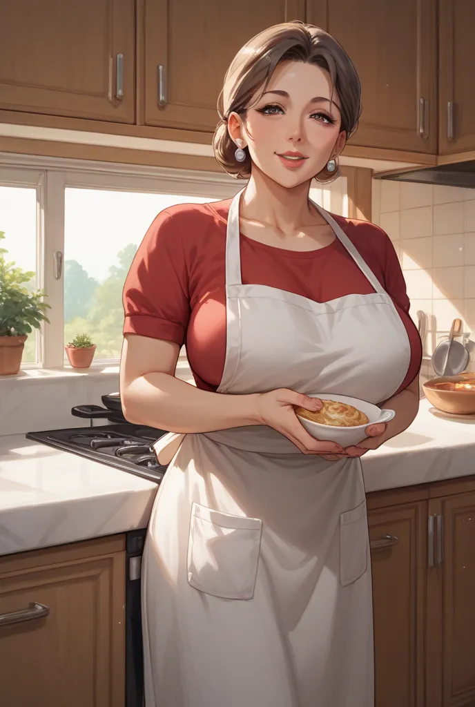 mature woman,big breasts,housewife,Wear an apron,bottom:'s kitchen in the kitchen,Interior environment,Look in this direction,anime style,single cabin, maximum image quality, very very detailed hands