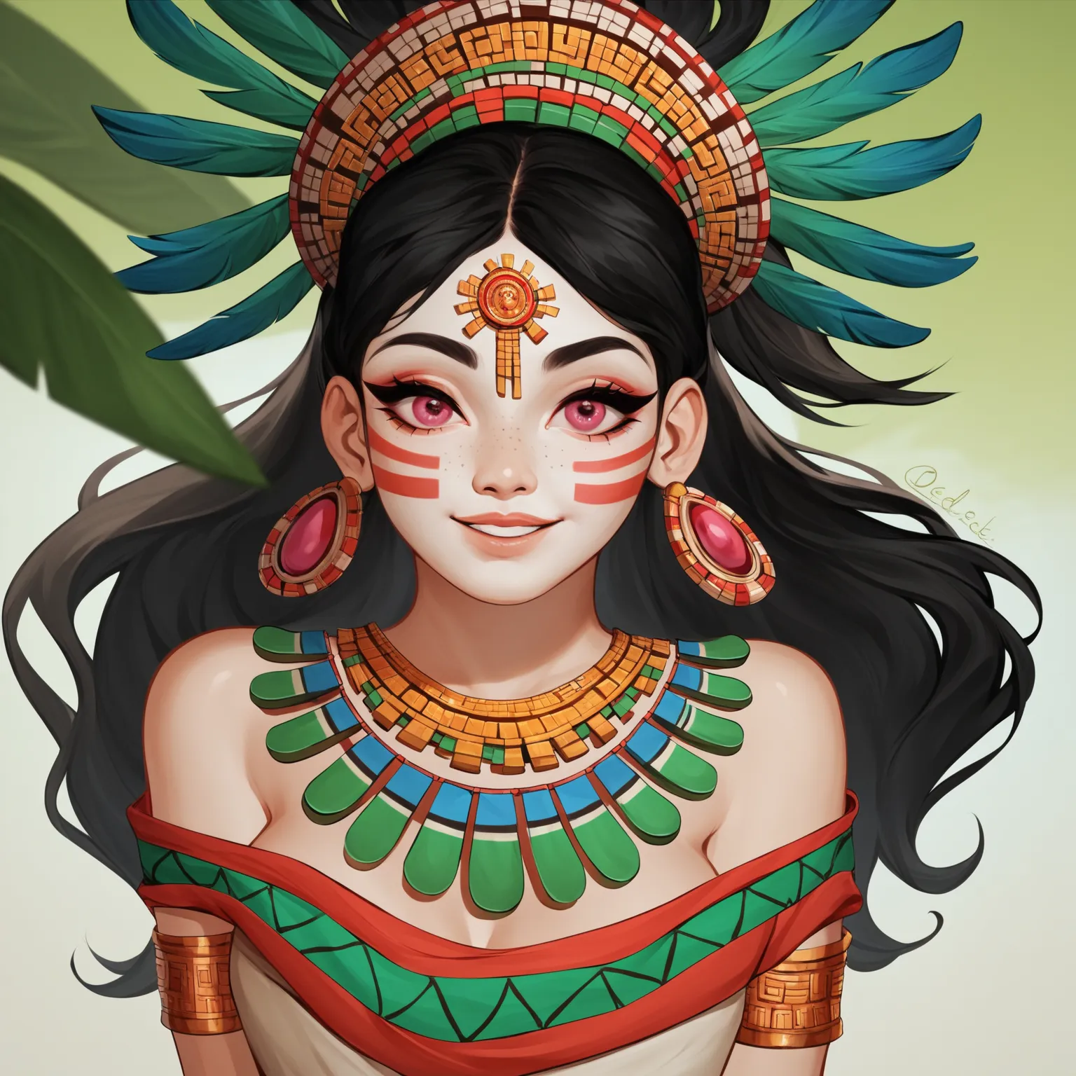 1girl, aztec girl, beautiful girl, aztec ornament, black hair, long hair, pink eyes, beautiful multicolored chest band, multicolored skirt, human ears, in full growth, (anime style:1.0), (white skin:1.0), (domineering:1.0), (nice face:1.2), (grin:0.7), tem...