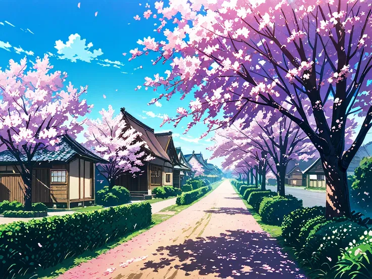 village road, bushes, some cherry blossom trees, there are no houses, wide beautiful sky, shiny morning in cartoon anime style