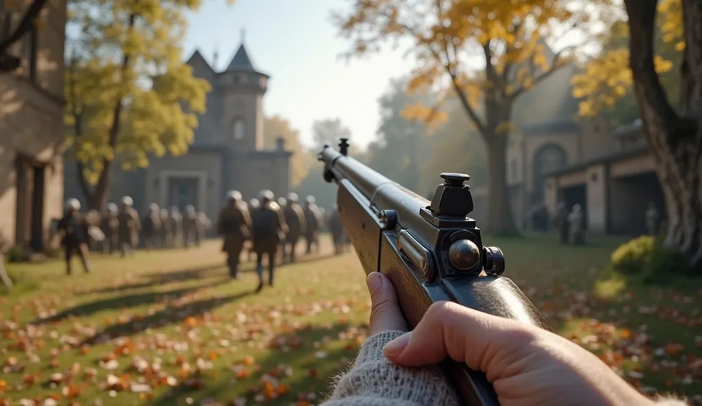 A first-person perspective of a ancient rifle from that mean gaming view, held by a person with white skin hand, The background shows gorgeous hoses, trees ,stone buildings  and beautiful trees and enemy soldiers  , I Need attractive HD picture for the you...