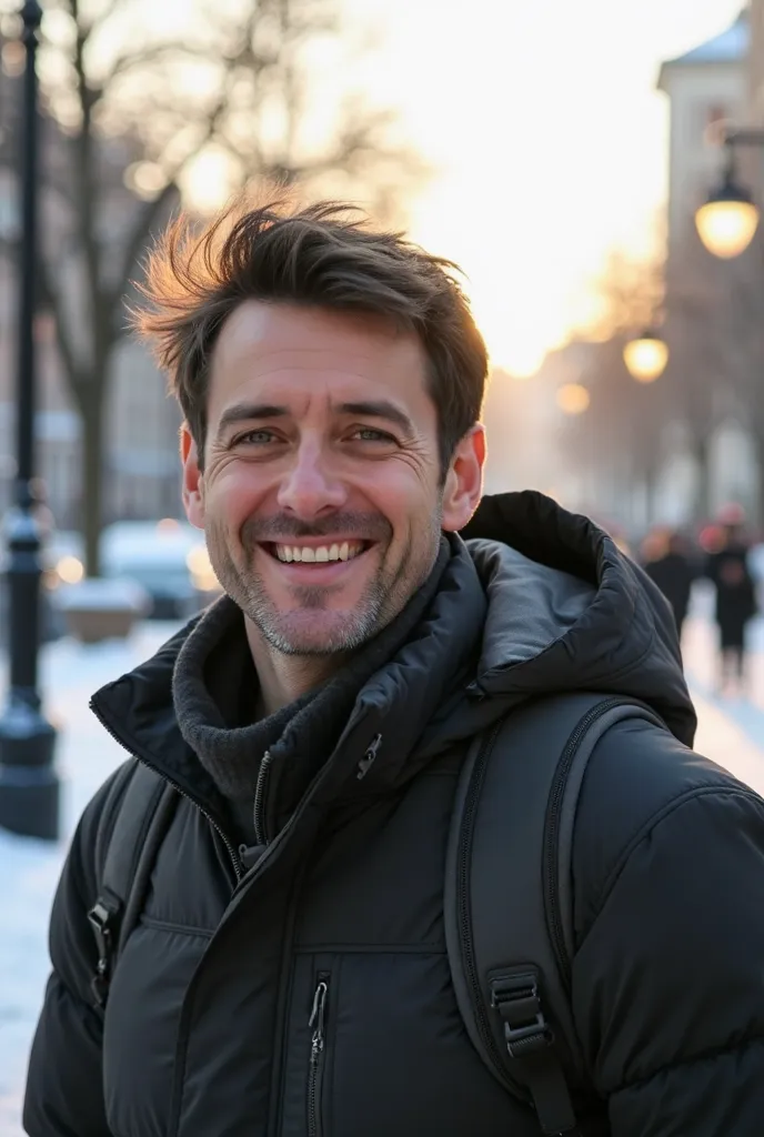 A handsome 35 years old man with soft, tousledblack  short hair stands outdoors on a bright winter day, his eyes slightly squinting with a calm and content smile. He wears a black puffer jacket with a backpack, exuding a relaxed and casual vibe. The backgr...