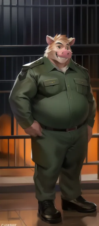 Solo, man big Tall,model tall, huge​ body,​standing, In zoo cages,pig ​, black green Army uniform, overweight, muscular, smirking, by chunie​