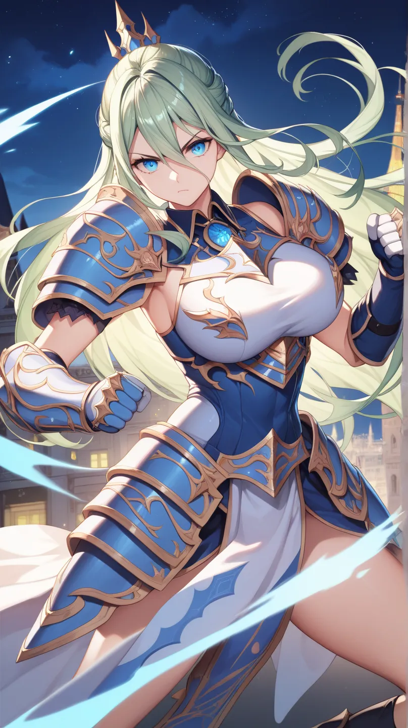 1 girl,  anime-style illustration,
blue cool eyes, 

light green color very long hair, half updo, hairs between eyes, 

masterpiece, Top Quality, insanely detailed, 

Late Night,fighting stance,

elven armor, Tower shield,

Big Breasts, 
