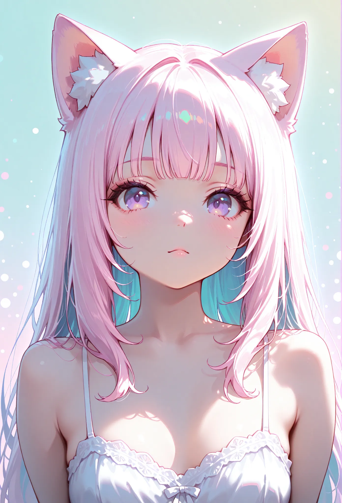 random hot and busty korean catgirl, cat ears, pastel color palette, no background, pastel background, colorful background, 