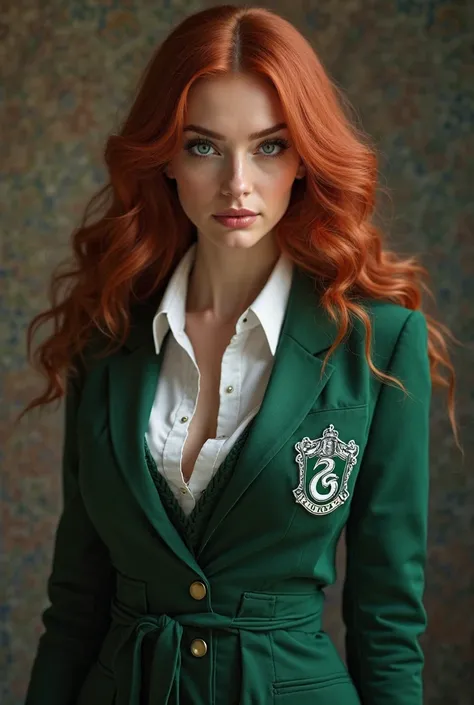 Beautiful woman, attractive, 35 years old, dark auburn hair, sapphire blue eyes, dressed in Slytherin school girl outfit, Hogwarts,  sensual pose, cleavage, full body, photorealistic, 8k, best quality