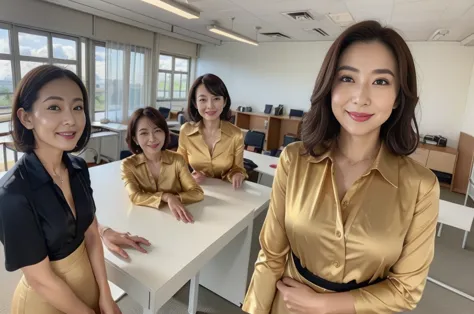 ((best quality, 8k, masterpiece, portrait: 1.3)), (viewers), (close-up:0.85),  attractive business mature , standing、full body、 ４people, A little thick:0.35, shiny gold satin blouse,  black satin slacks, ( Big Breasts and Big Hips :0.5), smile, An empty of...