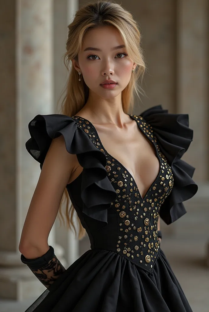 blond asian woman wearing a tailoring Black Style super elegant and unique dress for met gala with versace