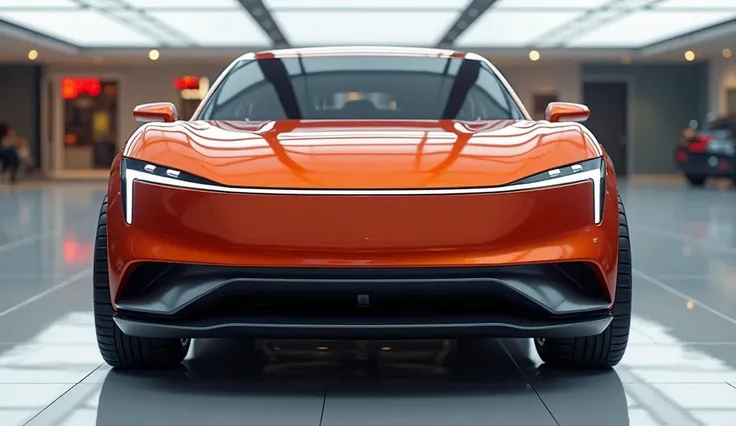 "A high-quality, realistic front-view image of a futuristic electric SUV in a striking red-orange color. The vehicle features a sleek, aerodynamic design with a slim LED light bar stretching across the front. The sculpted hood flows seamlessly into the win...