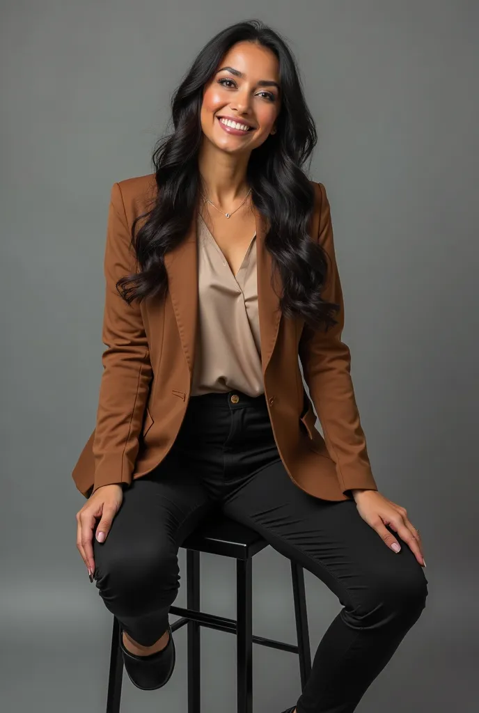 Generate a very realistic and natural photo of a 30-year-old Brazilian woman, long wavy black hair, Full rounder face, is positioned on its side, Are you wearing a brown blazer with a beige blouse and black pants, black shoe, Well embellished,  perfect fin...