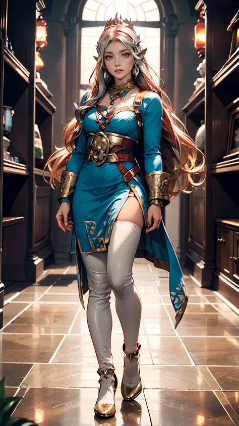  full body image, standing, Princess Zelda&#39;s Giant, (Red and silver costume:1.5), as Ultraman,  very large breasts 1,  very tight bodysuit ,   dark makeup on the face  ,  pale blue jewel on the breastplate ,  with helmet on head, Red lipstick on the mo...