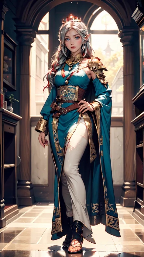  full body image, standing, Princess Zelda&#39;s Giant, (Red and silver costume:1.5), as Ultraman,  very large breasts 1,  very tight bodysuit ,   dark makeup on the face  ,  pale blue jewel on the breastplate ,  with helmet on head, Red lipstick on the mo...