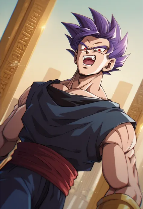 A boy with purple hair styled backwards with spikes, red eyes, and a smile with fangs, wearing black training clothes, walking in a futuristic room with lots of Egyptian treasures ,dragon ball anime.