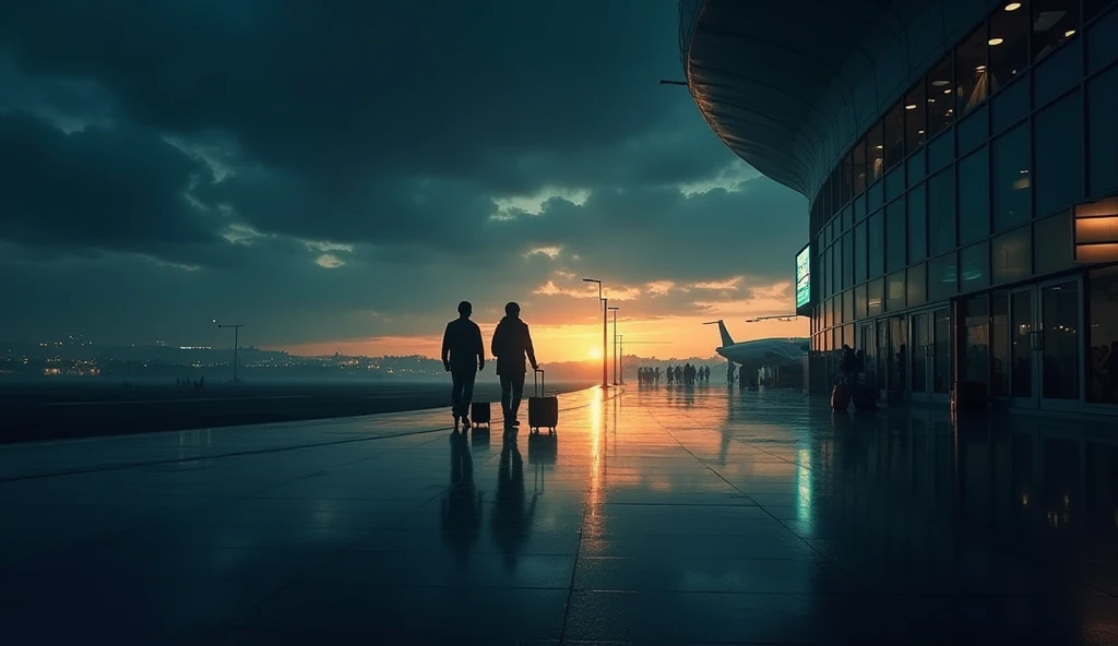 The background should depict a dimly lit airport terminal at night, with a few silhouetted travelers walking in the distance to maintain realism. The lighting is soft with a mix of cool blue and warm golden hues to create a mysterious yet natural look. The...