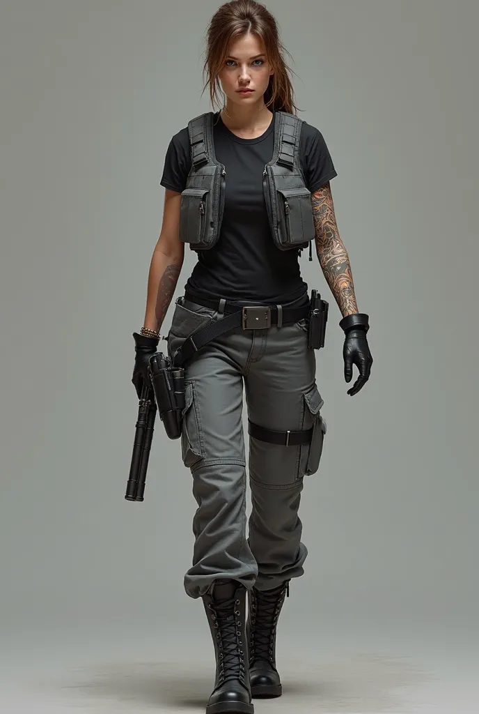 jill valentine, 30 ans, queue de cheval brune, yeux bleus, rangers noirs, pantalon cargo gris, noir t-shirt, gilet tactique gris, fond gris , Polynesian tattoo arm cover 