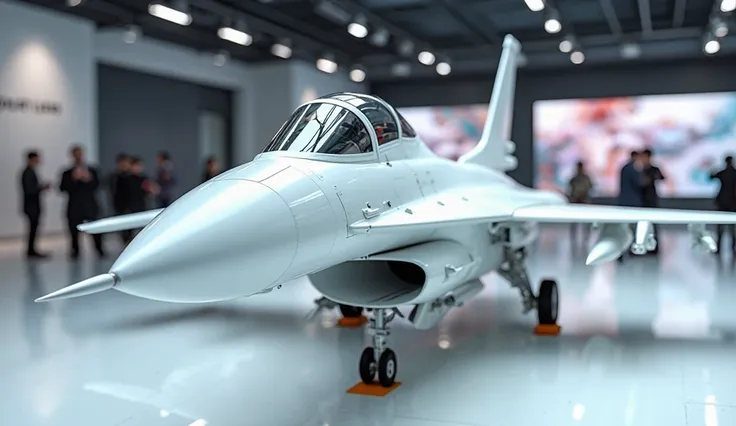 "A high-definition image of a JF-17 Thunder fighter jet (2026 model) in white color, displayed in a modern showroom with bright lighting and a polished floor reflecting the jet. The perspective is from the front right side, capturing the sharp nose, cockpi...