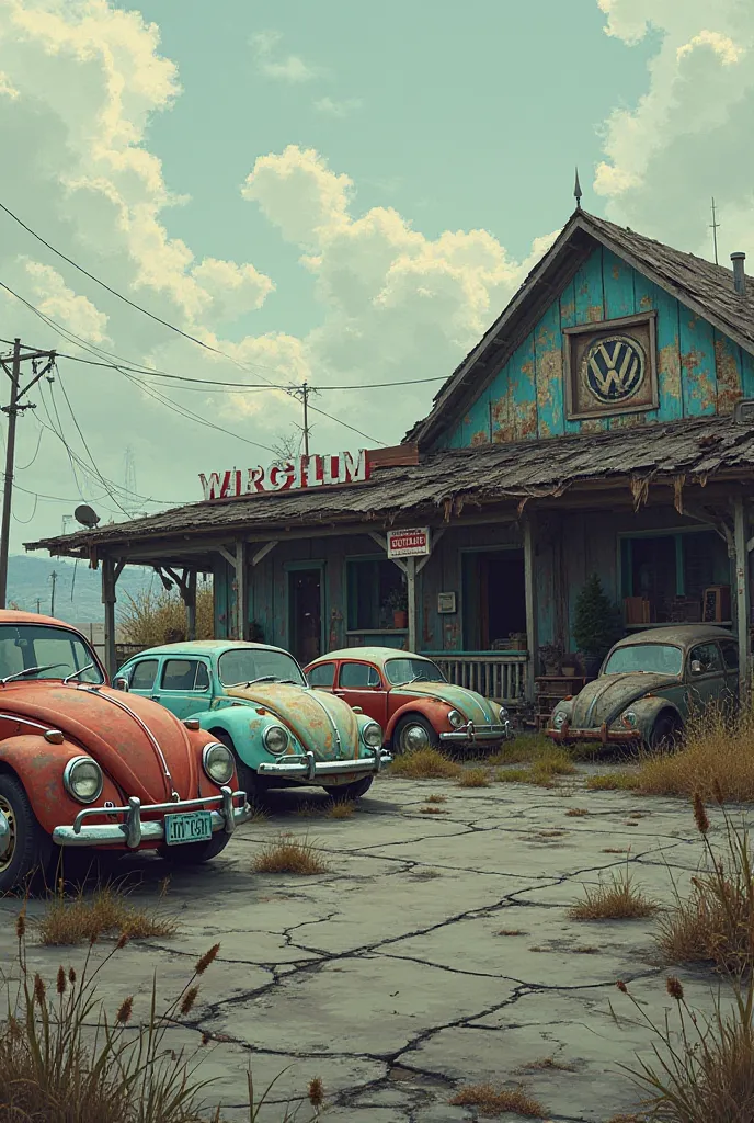 A VW car dealership with rusted, partially fallen apart VW cars in front of it in the parking lot