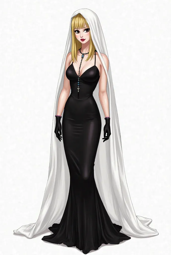 Create an image of a girl as a drawing, the drawing needs to be in the manga artstyle of Jojo’s Bizarre Adventure. She is a tall elegant woman with straight blonde hair and black eyes. Wearing a tight black gown, black gloves and black heels. A white veil ...