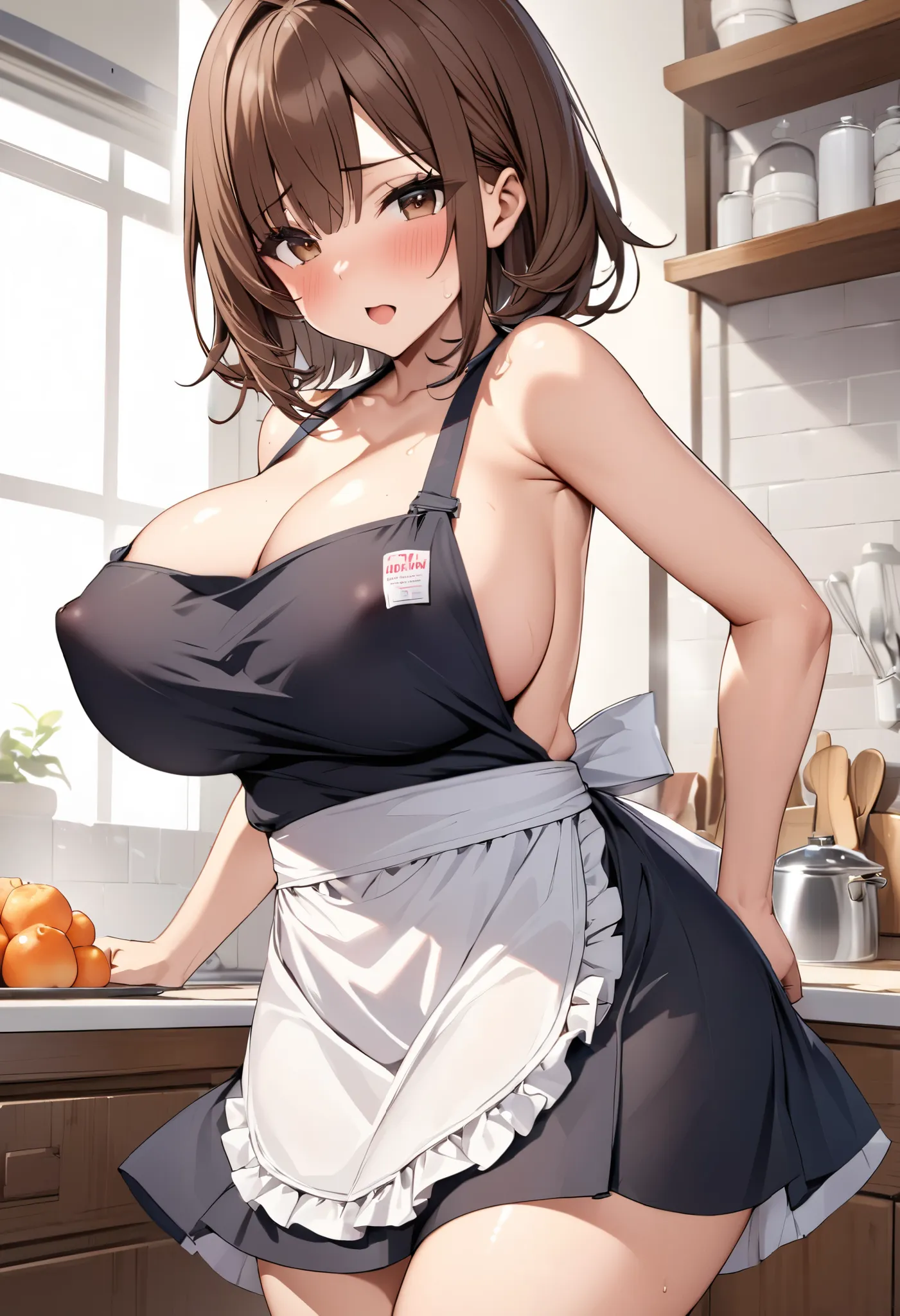 NSFW、big boobs 20、apron、Brown hair short