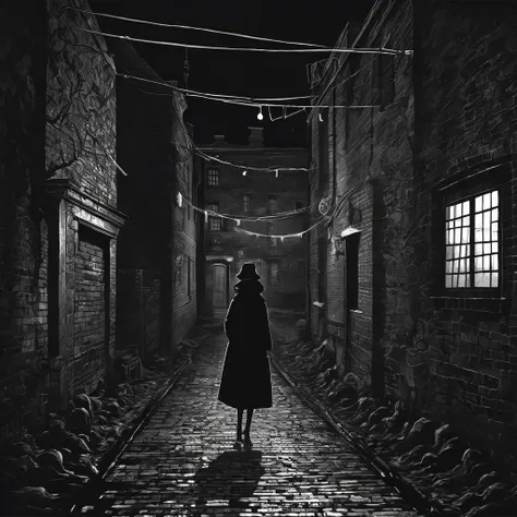  ink style figure,  Noir, night間, 　There are a lot of dolls　Dark Alley , Shadows devour 、 Into the Black Void of the Abyss , background illustration　One house only　night　It's out of date　Deep in the forest　signs with dark tiles and chimneys　brick wall　「CLO...