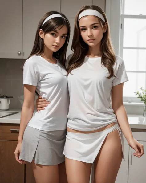 32-years-old mother in a gray shirt and white panty with her 16-year-old daughter dressed in a white shirt and short skirt and white headband. masterpieces, ultra detailed image.  hyper realistic 