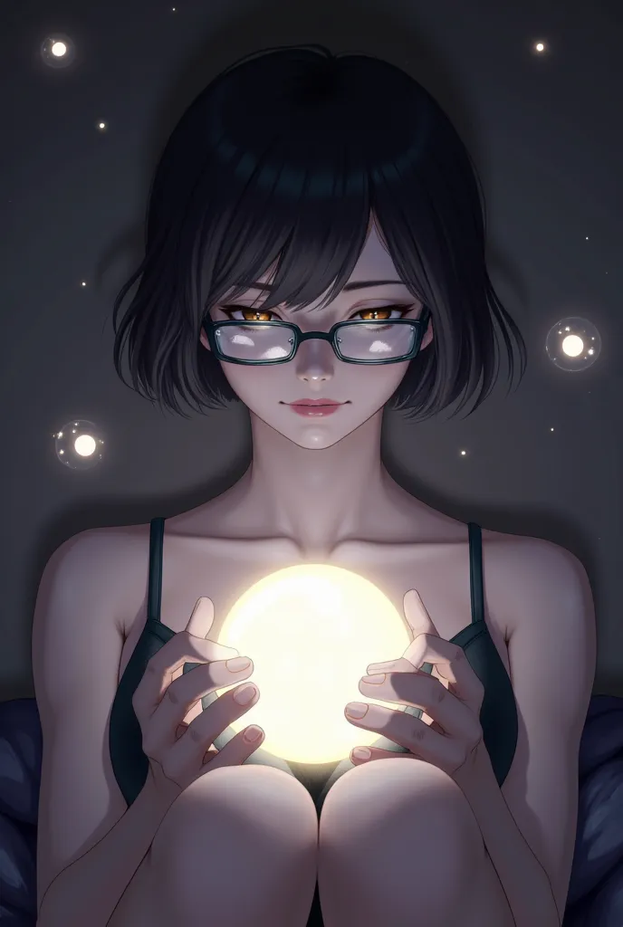 ((1 girl)), anime,  short dark hair,  dark skin on the tip of the mouth, Shiny Glasses Lenses, her mouth is closed and expressionless, sitting, Hold a shining sphere with both hands、and two other glowing spheres revolve around it.