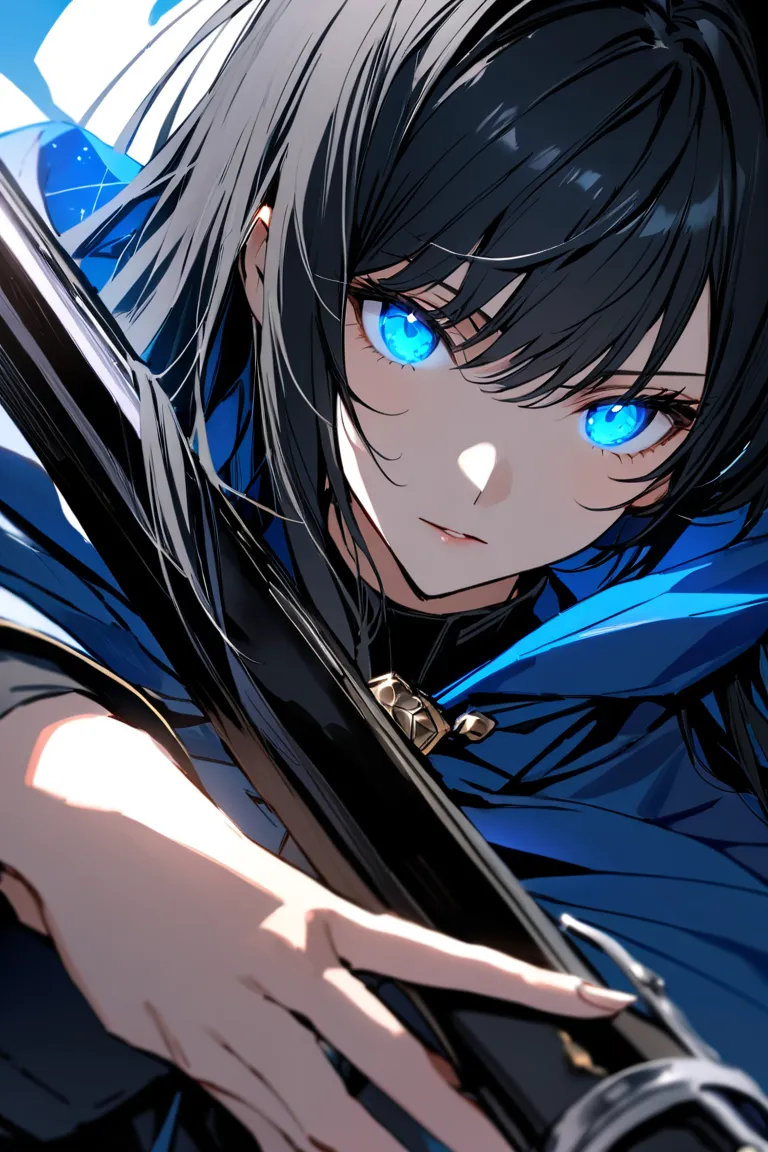 A woman with jet black hair wearing a large blue cloak　Woman with jet black hair wearing a large blue cloak with a musket in her right hand　 Blue Glowing Eyes 　handsome　high image quality　close-up　upper body　beautiful　high quality