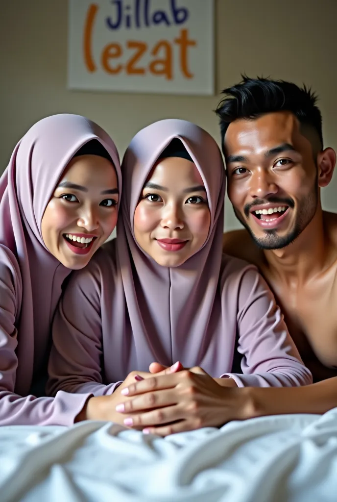 3 adults (1 Indonesian lady, 1 Malay lady, 1 Indonesian Man) on the bed. Both women are wearing sexyvl nightgown & the man is shirtless. The Malay woman slightly chubby, curvy body and is wearing hijab. All 3 people are staring at the viewer, with a visibl...