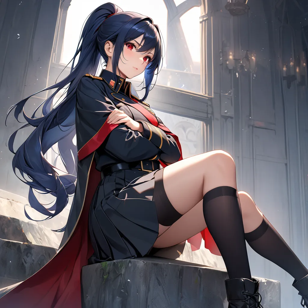 High resolution, high quality, HD, beautiful female, 1 female, beautiful, ager, beautiful girl, mature, dark blue hair, long hair, ponytail, red eyes, black military uniform with cape and skirt, knee high socks, cross arms